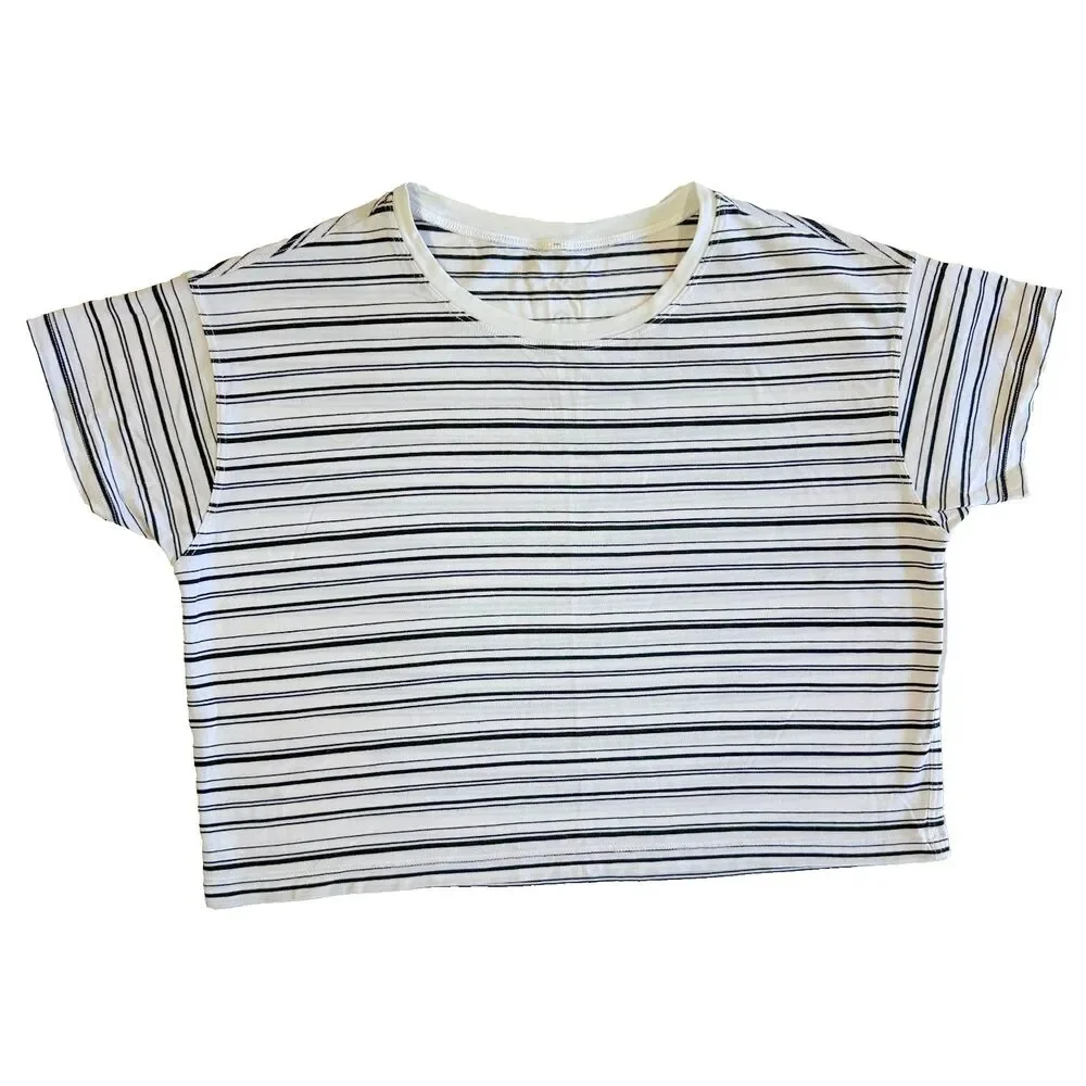 Lululemon Cates Tee Cut Back Stripe White Black T Shirt Crop Pima Cotton